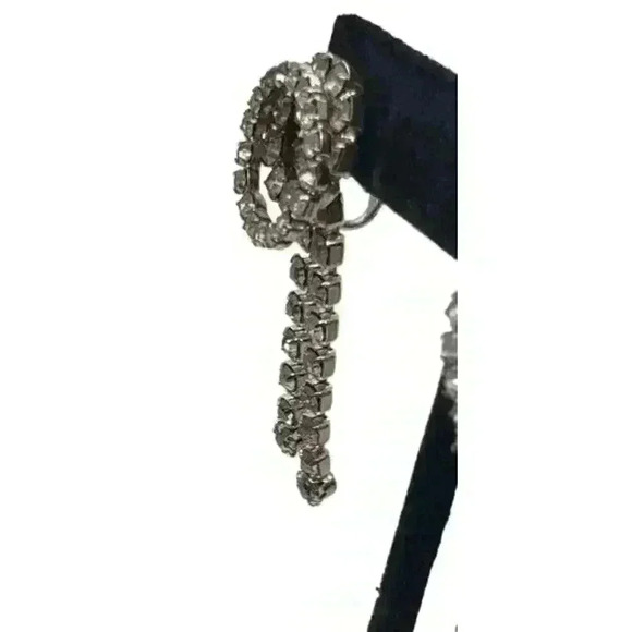 Vintage Rhinestone Earrings Clip Double Circle Long Dangle Bride Barbie Art Deco - Picture 8 of 13